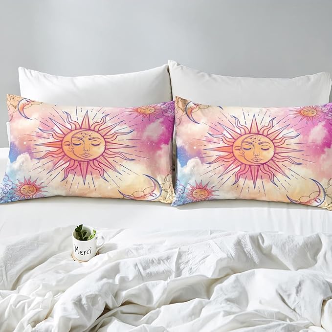 Sun and Moon Comforter Set Full Stars Constellation Galaxy Bedding Set,Pink Blue Pastel Clouds Tie Dye Comforter For Kids Girls Women Boho Hippie Psychedelic Celestial Astrology Quilt Duvet Set 3 Pcs - LeafyLoom