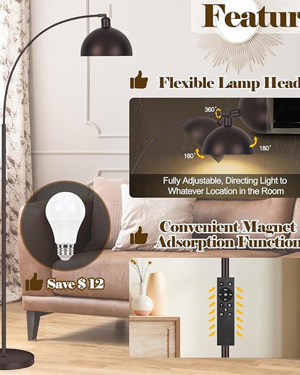 Bronze Arch Floor Lamps for Living Room Dimmable - Upgraded 9W LED Arc Lamp with 4 Color Temperatures, Remote Control Rustic Arched Floor Lamp, Reading Standing Lamp for Bedroom (Bulb Included) Brown - LeafyLoom
