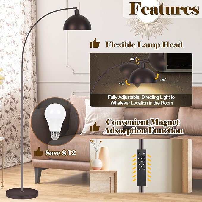 Bronze Arch Floor Lamps for Living Room Dimmable - Upgraded 9W LED Arc Lamp with 4 Color Temperatures, Remote Control Rustic Arched Floor Lamp, Reading Standing Lamp for Bedroom (Bulb Included) Brown - LeafyLoom