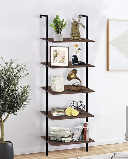 aboxoo Ladder Shelf Open Bookshelf 5-tier Wood Wall-mounted Bookcase Storage Rack Open back Industrial Modern Plant Flower Stand Utility Organizer Bookcase Metal Frame Furniture Office Kitchen Bedroom - LeafyLoom