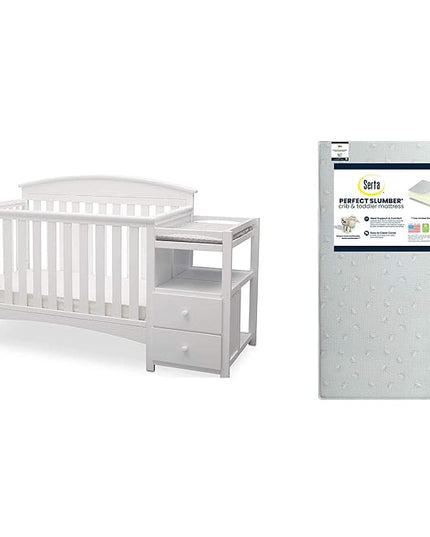 Delta Children Abby Convertible Crib 'N' Changer, Bianca + Serta Perfect Slumber Dual Sided Recycled Fiber Core Crib and Toddler Mattress (Bundle) - LeafyLoom