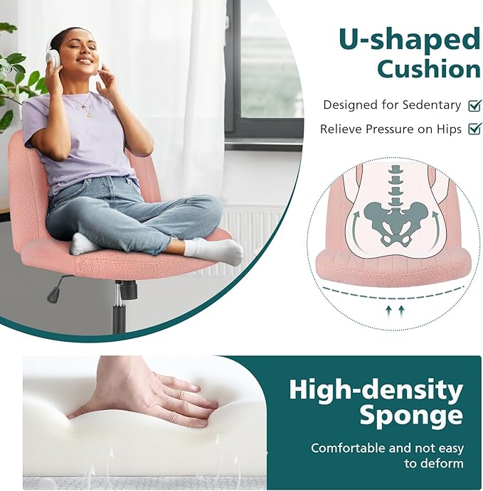 OLIXIS Cross Legged Armless Wide Adjustable Swivel Padded Home Office Desk Chair, Pink with Wheels - LeafyLoom