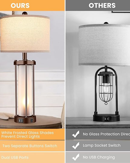 Set of 2 Farmhouse Lamps for Living Room, Rustic Vintage Bedroom Nightstand Table Lamp with 2 USB Charging Ports, Built-in Frosted Glass Night Light for End Table Entryway, Bulbs Included (Bronze) - LeafyLoom