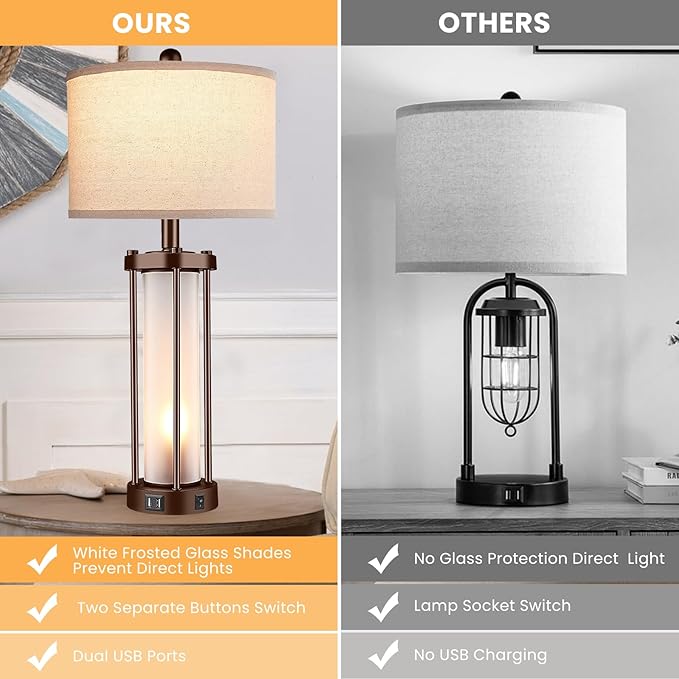 Set of 2 Farmhouse Lamps for Living Room, Rustic Vintage Bedroom Nightstand Table Lamp with 2 USB Charging Ports, Built-in Frosted Glass Night Light for End Table Entryway, Bulbs Included (Bronze) - LeafyLoom