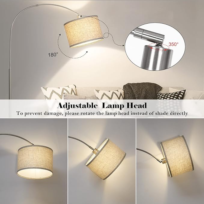 Arc Floor Lamp, Modern Floor Lamp for Living Room with Adjustable Head, Tall Pole Lamp with On/Off Pedal Switch, Over Couch Arched Tall Standing Light for Reading, Bedroom, Office (Silver) - LeafyLoom
