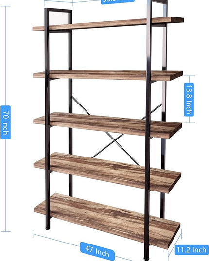 45MinST 5-Tier Vintage Industrial Style Bookcase/Metal and Wood Bookshelf Furniture for Collection,Vintage Brown, 3/4/5 Tier (5-Tier) - LeafyLoom