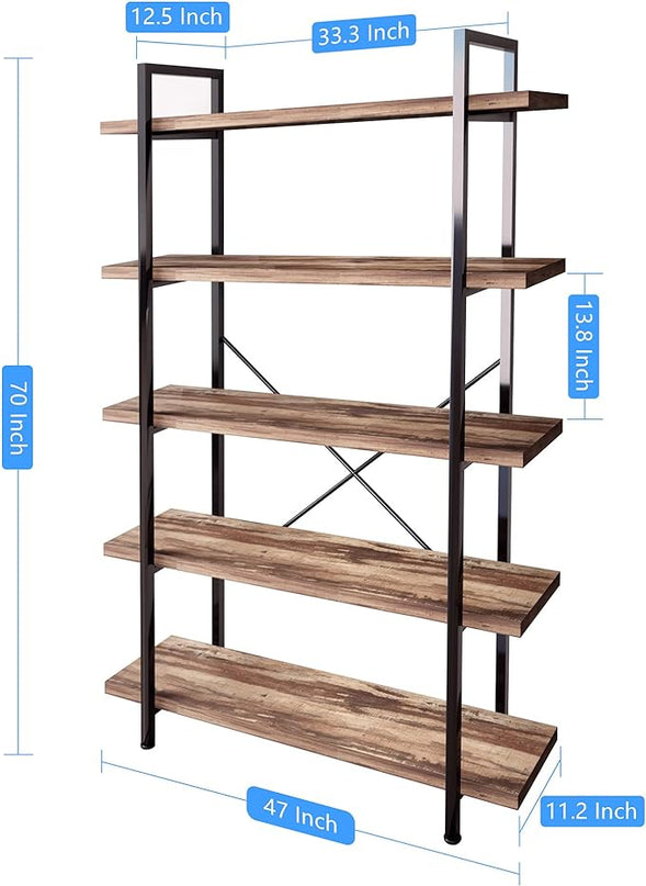 45MinST 5-Tier Vintage Industrial Style Bookcase/Metal and Wood Bookshelf Furniture for Collection,Vintage Brown, 3/4/5 Tier (5-Tier) - LeafyLoom