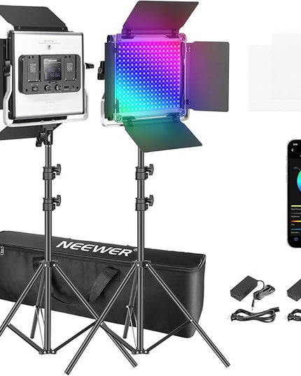 NEEWER 2 Packs 480 RGB Led Light with APP Control, Photography Video Lighting Kit with Stands and Bag, 480 SMD LEDs CRI95/3200K-5600K/Brightness 0-100%/0-360 Adjustable Colors/9 Applicable Scenes Neewer