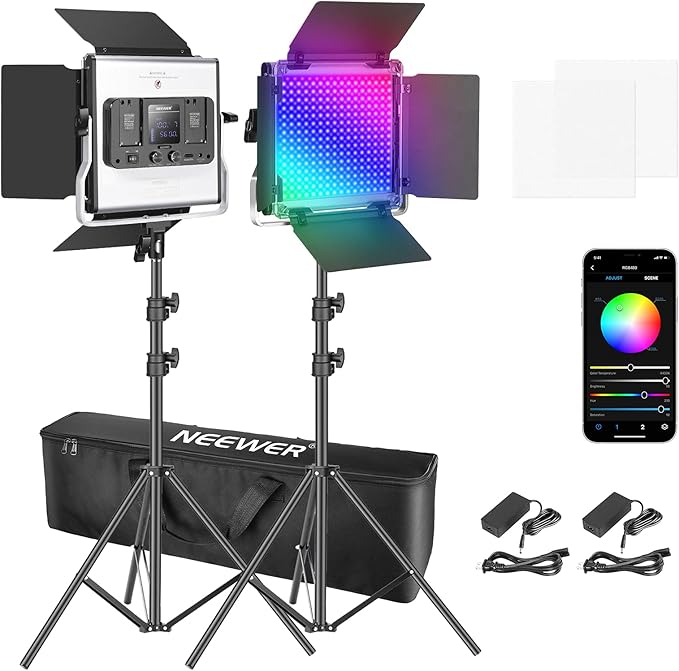 NEEWER 2 Packs 480 RGB Led Light with APP Control, Photography Video Lighting Kit with Stands and Bag, 480 SMD LEDs CRI95/3200K-5600K/Brightness 0-100%/0-360 Adjustable Colors/9 Applicable Scenes Neewer