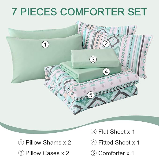 Dinjoy Boho King Size Bed in A Bag 7 Pieces,Sage Green Comforter Set Aztec Striped Bedding Set Bohemian Patchwork Complete Set Geometric Pattern Comforters for Women Men 90"×104" - LeafyLoom