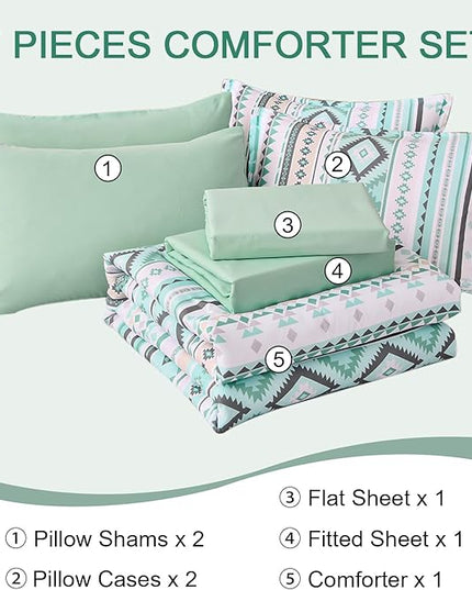Dinjoy Sage Green Boho Comforter Set Queen Size,7 Pieces Bed in a Bag Queen Light Green Aztec Bedding Sets with Sheets Bohemian Geometric Striped Complete Set for All Seasons 90"x90" - LeafyLoom