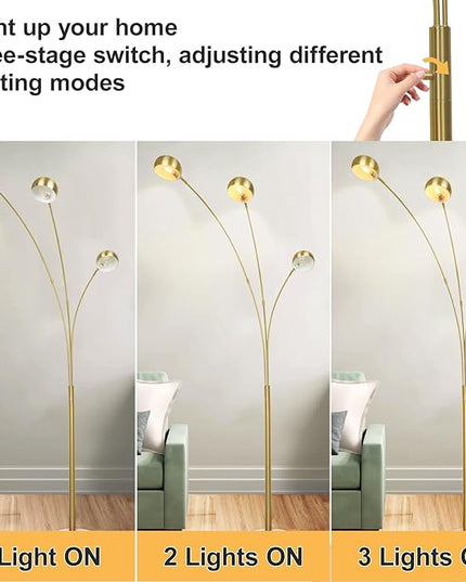 Depuley 3-Light Modern Floor Lamp, Dimmable Arc Floor Lamps with Marble Base, Multi Head Tall Standing Lamps with 350°/ 90° Rotating Lights for Living Room, Bedroom, Office(Gold, E12 Bulbs Included) - LeafyLoom