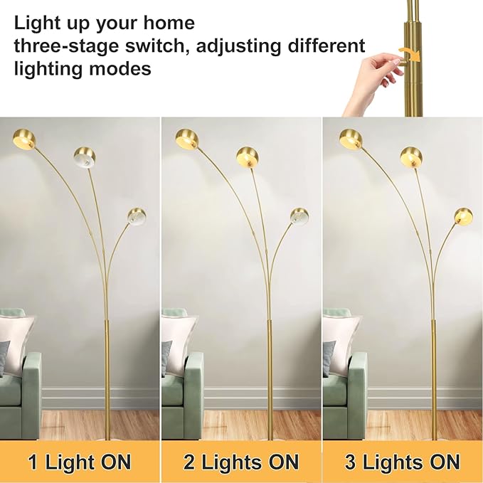 Depuley 3-Light Modern Floor Lamp, Dimmable Arc Floor Lamps with Marble Base, Multi Head Tall Standing Lamps with 350°/ 90° Rotating Lights for Living Room, Bedroom, Office(Gold, E12 Bulbs Included) - LeafyLoom
