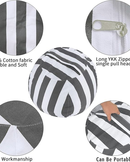 2 PCS Stuffed Animal Storage Bean Bag Chair Cover, Cotton Canvas Beanbag with Zipper for Organizing Kid's and Adults Room Vertical Stripe Grey 24" - LeafyLoom