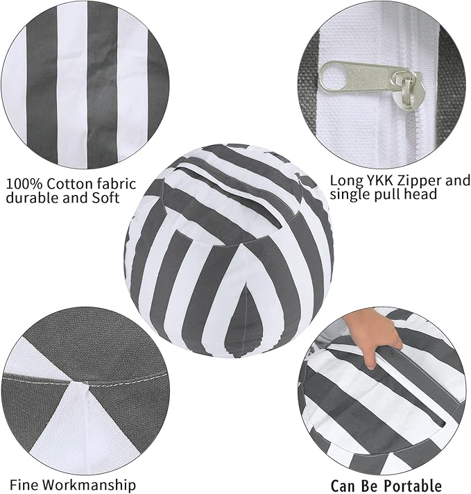 2 PCS Stuffed Animal Storage Bean Bag Chair Cover, Cotton Canvas Beanbag with Zipper for Organizing Kid's and Adults Room Vertical Stripe Grey 24" - LeafyLoom