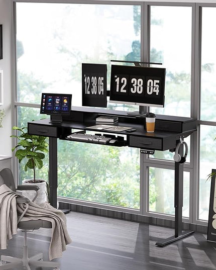 Electric Standing Desk, 55 Inches Height Adjustable Desk with Monitor Shelf, Large Sit Stand Desk with Drawers, Smart Home Office Computer Desk, Classic Black - LeafyLoom