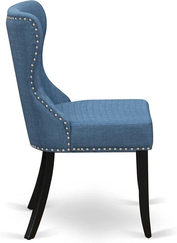 East West Furniture AMSI5-BCH-21 Antique 5 Piece Room Furniture Set Includes a Round Kitchen Table with Pedestal and 4 Blue Linen Fabric Parsons Dining Chairs, 36x36 Inch - LeafyLoom