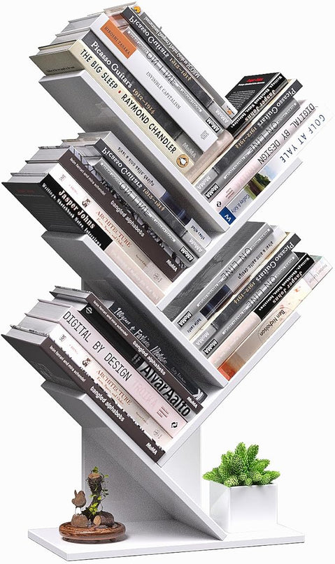 5 Tier Small Tree Bookshelf Desk Book Organizer Narrow Bookcases for Books Magazines CDs Free Standing Retro Wooden Storage Shelves for Home Office Bedroom Living Room White - LeafyLoom