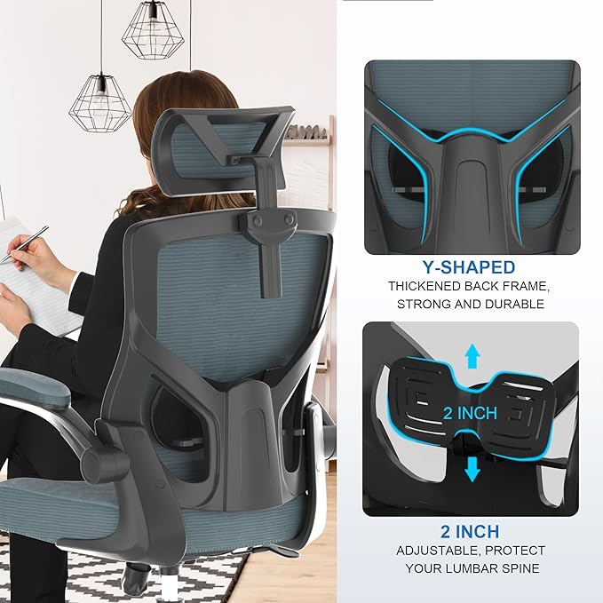 𝑯𝑶𝑴𝑬 𝑶𝑭𝑭𝑰𝑪𝑬 𝑪𝑯𝑨𝑰𝑹, Ergonomic Mesh Desk Chair, High Back Computer Chair- Adjustable Headrest with Flip-Up Arms, Lumbar Support, Swivel Executive Task Chair (Modern, Black Coral) - LeafyLoom