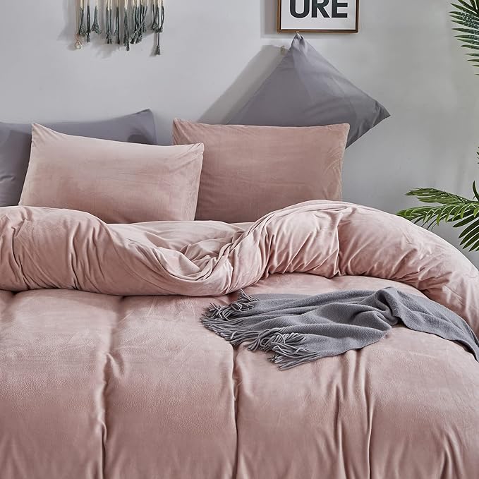 Wellboo Pink Velvet Comforter Sets King Women Girls Blush Pink Bedding Comforters Cute Dusty Pink Adults Winter Quilts Solid Light Red Fluffy Flannel Quilt Bean Pink Micromink Sherpa Fuzzy Plush Bed - LeafyLoom