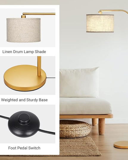 EDISHINE Arc Floor Lamp for Living Room, Modern Standing Lamp with Adjustable Drum Shade, Gold Reading Lamp Corner Light with Foot Switch for Bedroom, Office, Kids Room - LeafyLoom