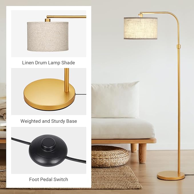 EDISHINE Arc Floor Lamp for Living Room, Modern Standing Lamp with Adjustable Drum Shade, Gold Reading Lamp Corner Light with Foot Switch for Bedroom, Office, Kids Room - LeafyLoom