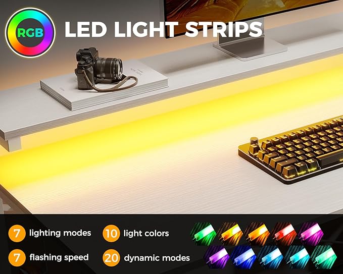 MOTPK White Desk with Led Lights & Power Outlet, 47 Inch Computer Desk with Shelves, Reversible Kids Desk with Adjustable Monitor Stand & Headphone Hook, Work Desk for Home Office - LeafyLoom