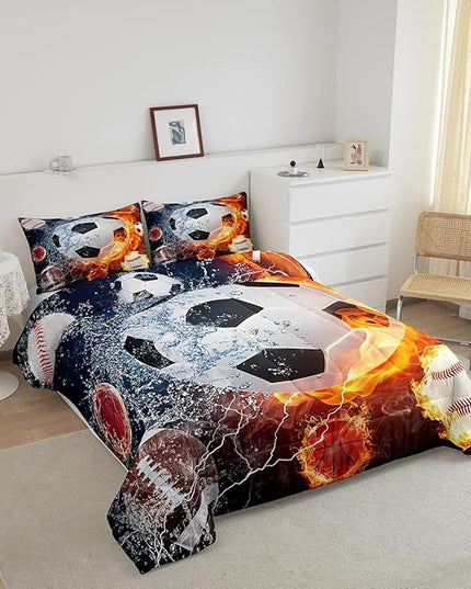 Erosebridal Boys Soccer Bedding Set Football Sports Twin Comforter Set for Kids Teens Youth Bedroom Decor Lightning Baseball Quilt Duvet Water Fire Basketball Comforter with 1 Pillow Case Red Blue - LeafyLoom