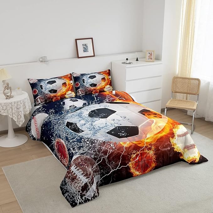 Erosebridal Boys Soccer Bedding Set Football Sports Twin Comforter Set for Kids Teens Youth Bedroom Decor Lightning Baseball Quilt Duvet Water Fire Basketball Comforter with 1 Pillow Case Red Blue - LeafyLoom