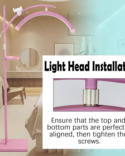 Lash Light Esthetician Lamp for Lash Extensions - LED Floor Lash Lamp Half Moon Ring Facial Light for Eyelash Tech with Pallets & Phone Holder Light for Tattoo Artists, Nail Tech X Pink - LeafyLoom