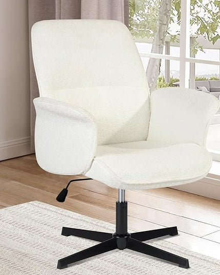 Home Office Chair, Upholstered Linen Fabric Padded Mid Back Accent Chair, Computer Desk Chairs Ergonomic No Wheels Stylish Swivel Adjustable Vanity Chair with Armrests, Beige - LeafyLoom