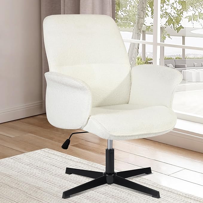 Home Office Chair, Upholstered Linen Fabric Padded Mid Back Accent Chair, Computer Desk Chairs Ergonomic No Wheels Stylish Swivel Adjustable Vanity Chair with Armrests, Beige - LeafyLoom