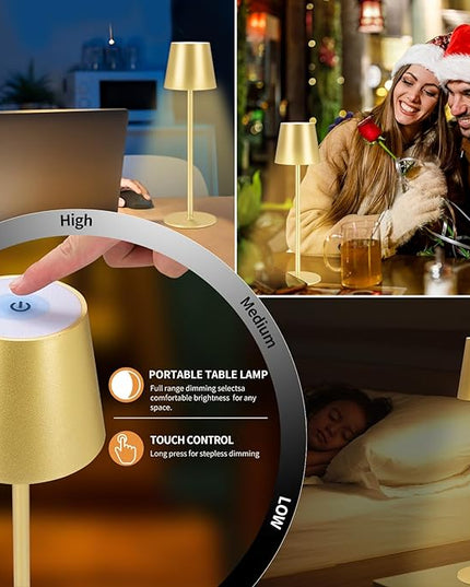 2 Pack Cordless Table Lamp, 5000mAh Portable Rechargeable LED Desk Lamp, 3 Color Modes Stepless Dimming Table Light with Memory Function, for Dinner, Patio, Home, Restaurant.(Gold) - LeafyLoom