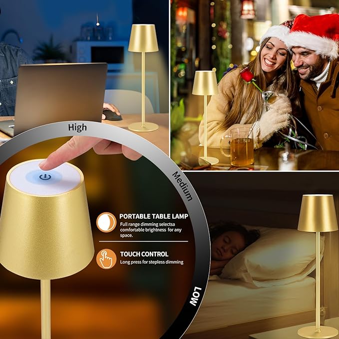 2 Pack Cordless Table Lamp, 5000mAh Portable Rechargeable LED Desk Lamp, 3 Color Modes Stepless Dimming Table Light with Memory Function, for Dinner, Patio, Home, Restaurant.(Gold) - LeafyLoom