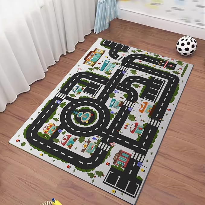 Analog ABC Kids Rug Playroom Car Rug Play Mat City Life Road Rug for Cars Fun City Map for Carpet for Bedroom Boys (63 * 94 inches, Clean City) - LeafyLoom