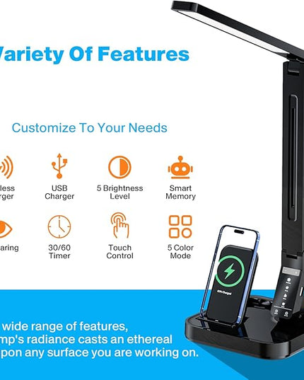 Ambertronix LED Desk Lamp, Patented Vertical Wireless Charger, 14W, 530 Lumens, Table Lamp with USB Charging Port, Dimmable Eye-Caring, 5 Brightness & 4 Light Modes, Touch Control, Auto Timer - LeafyLoom