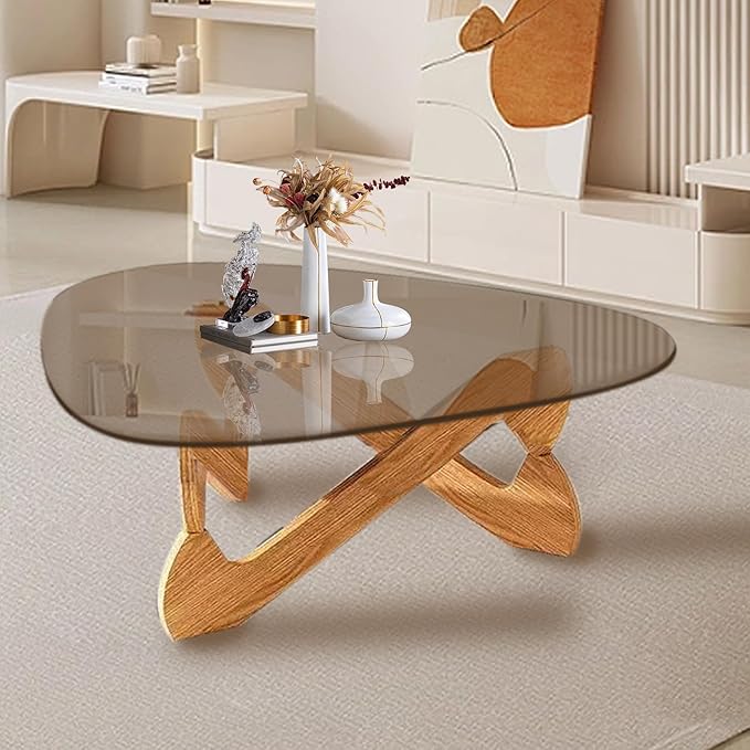 Triangle Coffee Table Glass Coffee Table for Living Room Clear Glass Coffee Table with Solid Wood Base Mid Century Modern Coffee Table for Small Spaces (Wood-Brown, 35.8in) - LeafyLoom