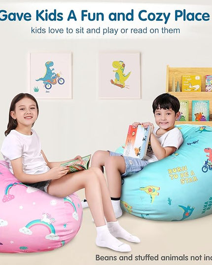 Lukeight Stuffed Animal Storage Bean Bag Chair Cover for Kids, Dinosaur Zipper Beanbag Chair Cover for Organizing Toddler & Kids' Rooms Plush Toys (Dino Blue, X-Large) - LeafyLoom