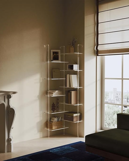 Acrylic Corner Bookshelf, Wall Mounted, 10-Tier L Shaped Bookshelf with Open Shelves, Multipurpose Clear Ladder Bookcase for Living Room, Bathroom, Office, Modern, 73.6" H - LeafyLoom