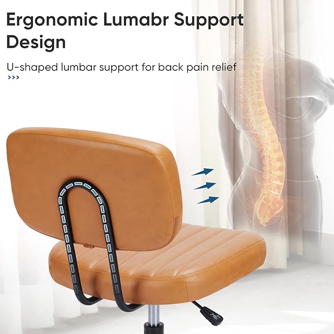 DUMOS Armless Home Office Chair Ergonomic Desk with Comfy Low Back Lumbar Support, Height Adjustable PU Leather Computer Task with 360° Swivel Wheels, for Small Space, Kids and Adults, Brown - LeafyLoom