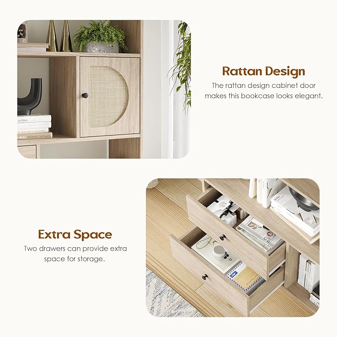 Soohow 4 Shelf Bookcase and Bookshelves with Drawer, 65” Tall Bookcases with Storage Shelves, Bookshelves and Bookcases with Rattan Cabinet and Metal Legs for Home Office, Living Room and Bedroom. - LeafyLoom