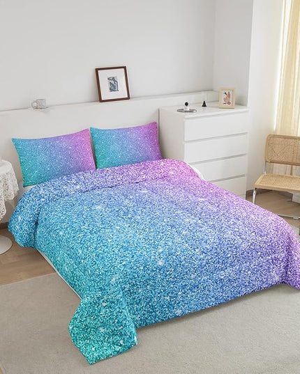 Colorful Glitter Bedding Twin Girly Turquoise Teal Blue Pink Pastel Girls Comforter Set 2 Pcs Trendy Quilt Duvet for Kid Women Down Comforter with Sparkle Sequin Pattern Bling Bedroom Decor Bed Cover - LeafyLoom