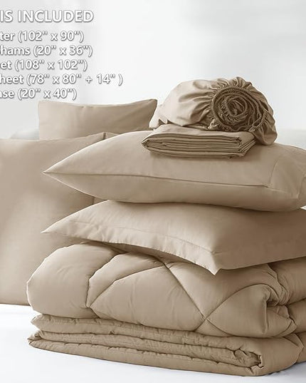 CozyLux King Comforter Set with Sheets 7 Pieces Bed in a Bag Taupe All Season Bedding Sets with Comforter, Pillow Shams, Flat Sheet, Fitted Sheet and Pillowcases - LeafyLoom