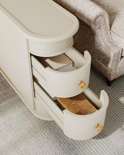 End Table, Off-White Wooden Side Table with 2 Drawers, No Assembly Required Sofa Side Table, Closed Back, Vintage Slim Nightstand Bedside Table for Bedroom - LeafyLoom
