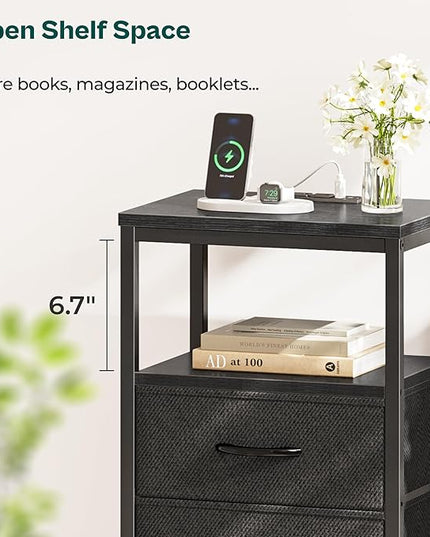 Night Stand with Charging Station, 4 Drawer Dresser for Bedroom, Bedside Table, 33.9 Inch Tall Nightstand with Open Shelf, End Table, for Closet, Entryway, Bedroom, Black - LeafyLoom