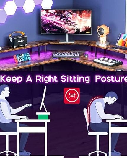 ODK L Shaped Gaming Desk with LED Lights & Power Outlets, 51" Computer Desk with Full Monitor Stand, Corner Desk with Cup Holder, Gaming Table with Hooks, Vintage - LeafyLoom