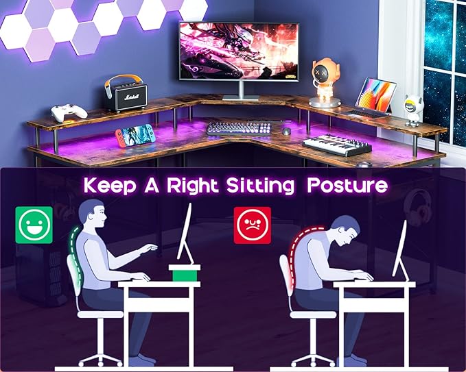 ODK L Shaped Gaming Desk with LED Lights & Power Outlets, 51" Computer Desk with Full Monitor Stand, Corner Desk with Cup Holder, Gaming Table with Hooks, Vintage - LeafyLoom