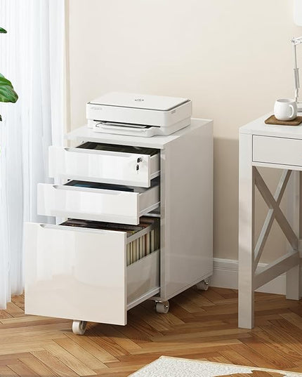 ChooChoo High Gloss File Cabinet with Lock,3 Drawer Rolling Filing Cabinet Fits Legal Size/A4/Letter, Under Desk File Cabinet with Hook for Home Office,White - LeafyLoom