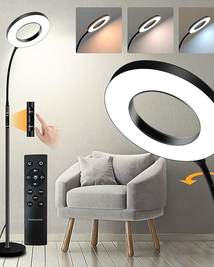LED Reading Floor Lamp with Remote & Touch Control, Bright Adjustable Gooseneck Lamp for Living Room Bedroom Office, Eyelash Extensions tattooing Light,（Timer,2700K-6500K - LeafyLoom