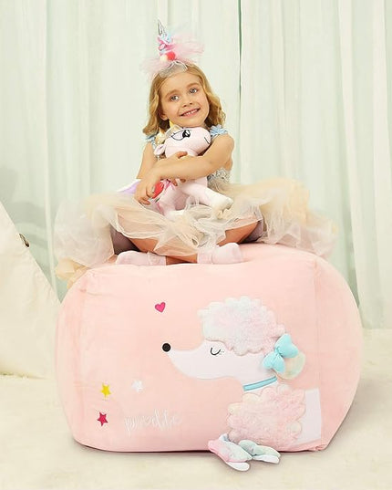 Kids Bean Bag Chairs Pink, Poodle Toy Organizers and Storage for Girls Bedroom, Velvet Fabric Super Soft Extra Large Cover Only - LeafyLoom